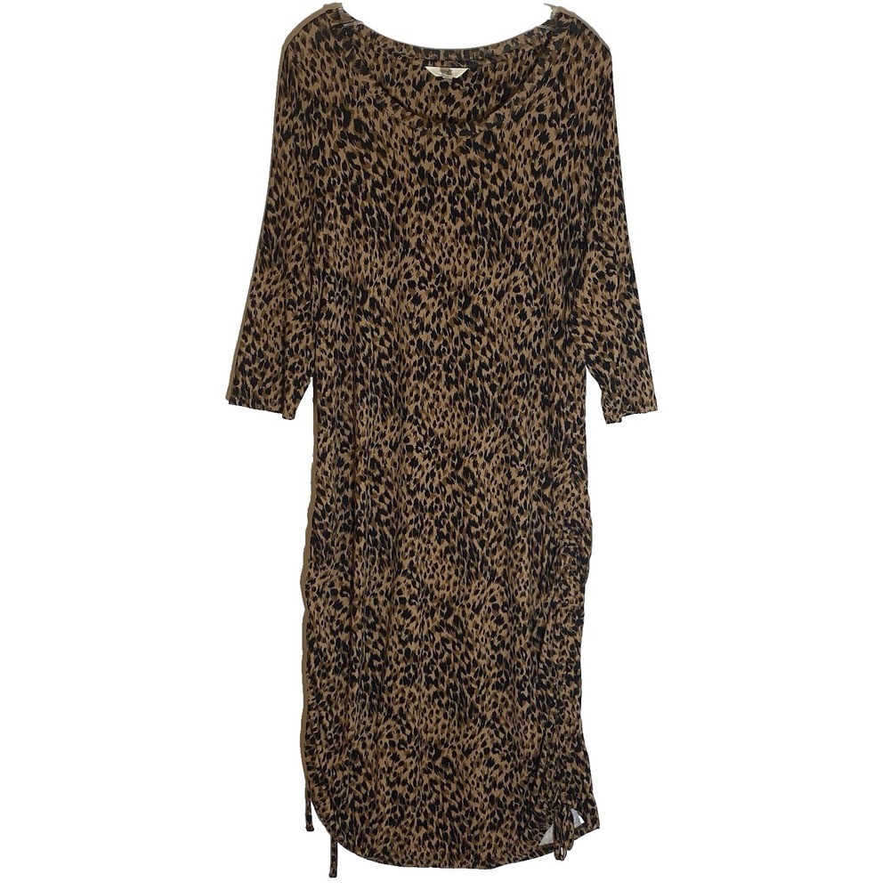Terra & Sky Dress Womens 1X Leopard‎ 3/4 Sleeve Animal Ruched Hem Stretch Boho